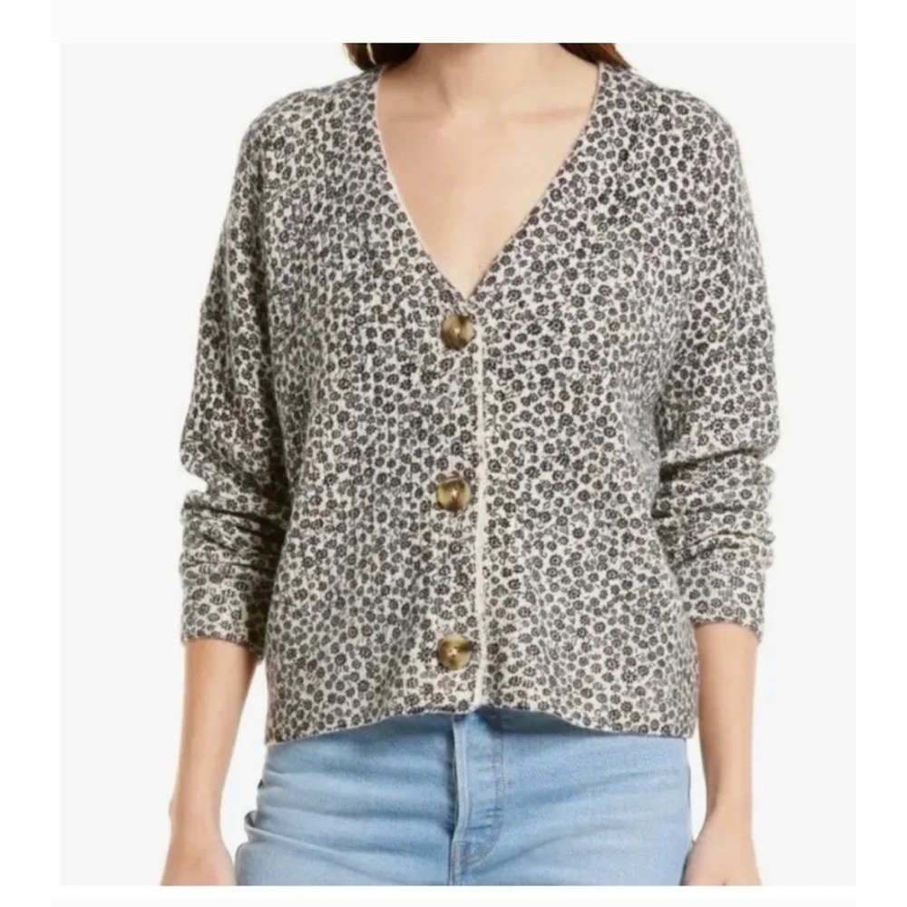Madewell Ditsy Floral V-Neck Cardigan Sweater Black White XS Cottagecore